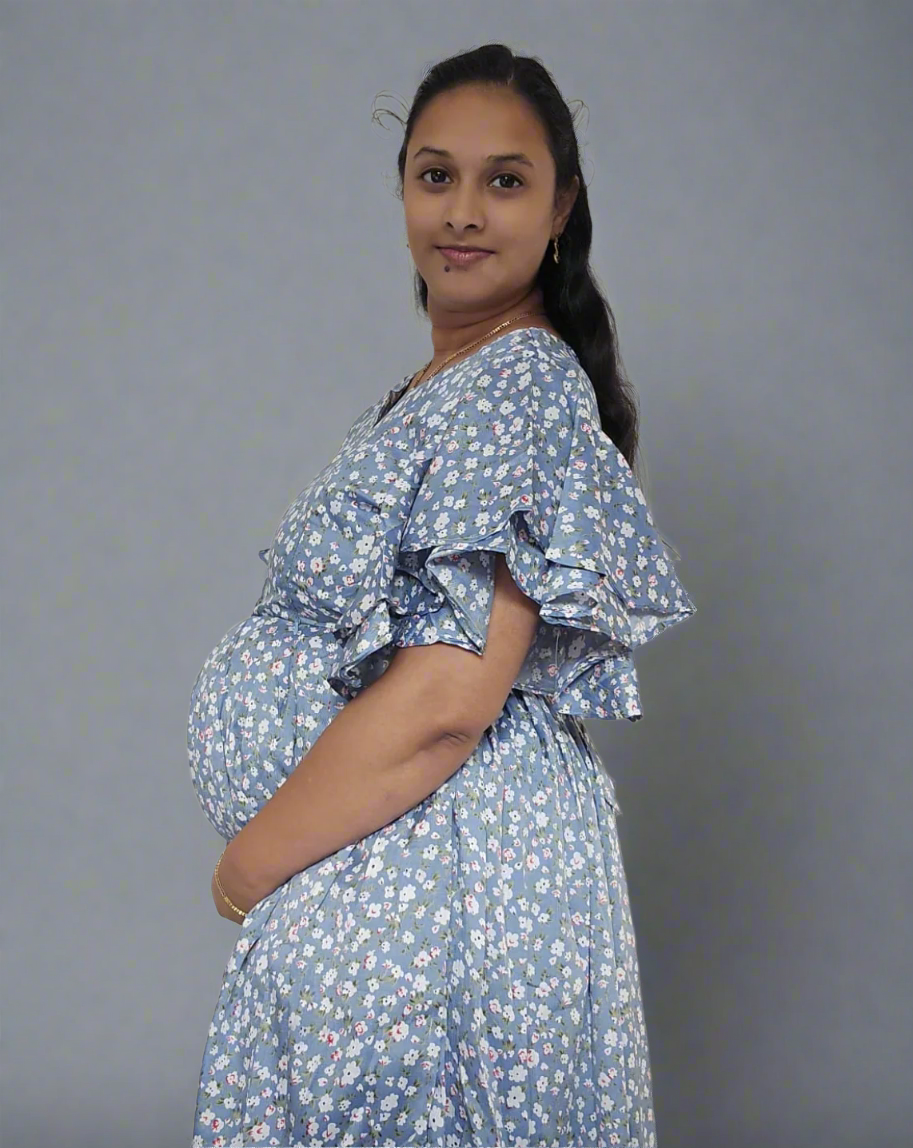 Grey with Small Flower Print Midi Dress