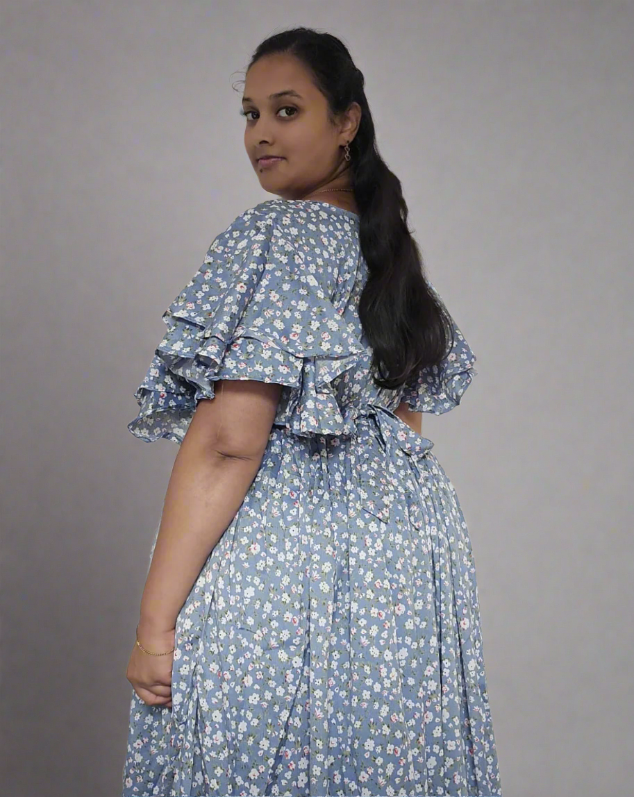 Small Flower Print Nursing Dress - Blue