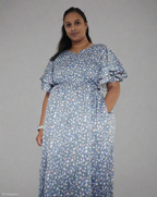 Grey with Small Flower Print Midi Dress