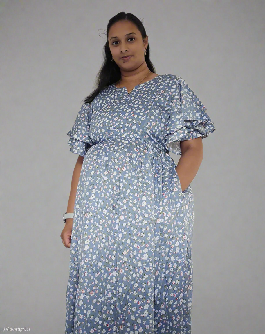 Grey with Small Flower Print Midi Dress