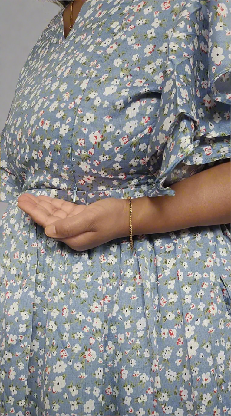 Grey with Small Flower Print Midi Dress