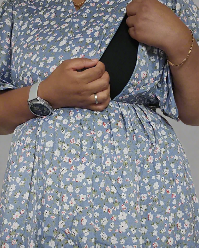 Small Flower Print Nursing Dress - Blue