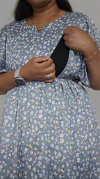 Grey with Small Flower Print Midi Dress