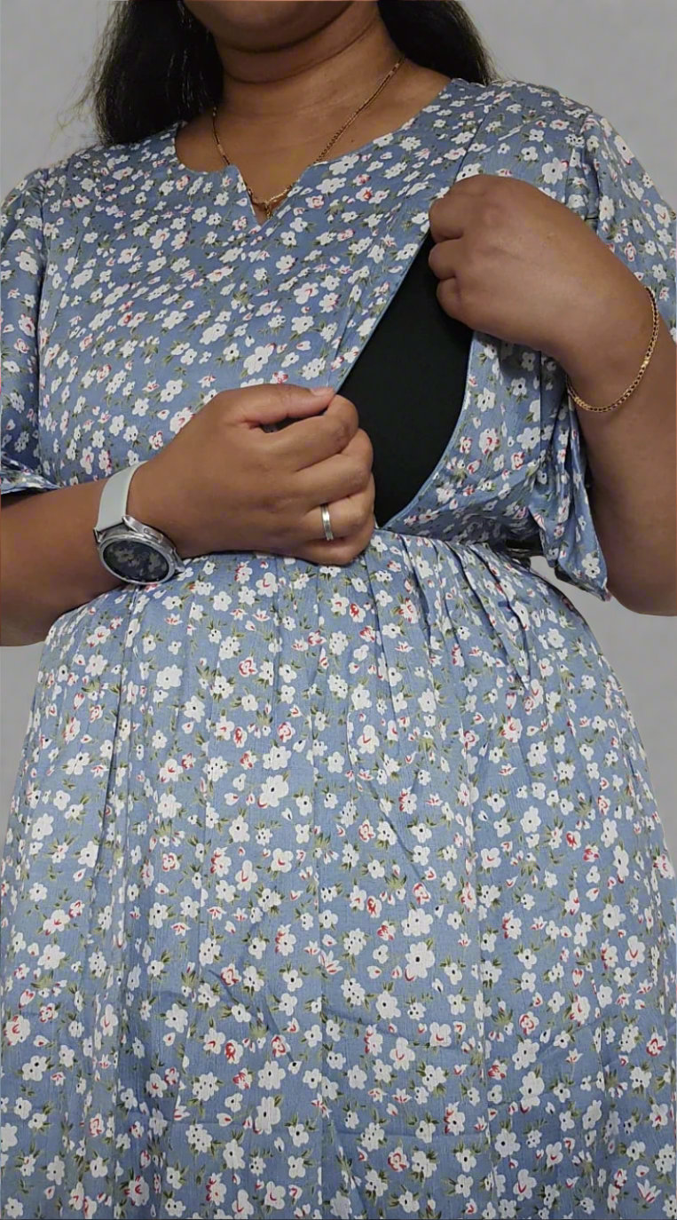Small Flower Print Nursing Dress - Blue