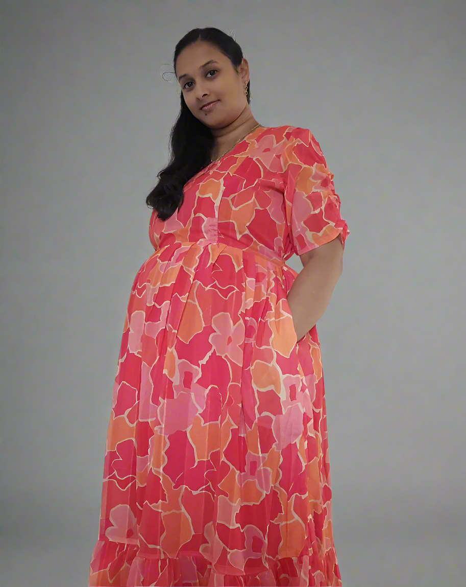 Red and Orange Flower Maxi Dress