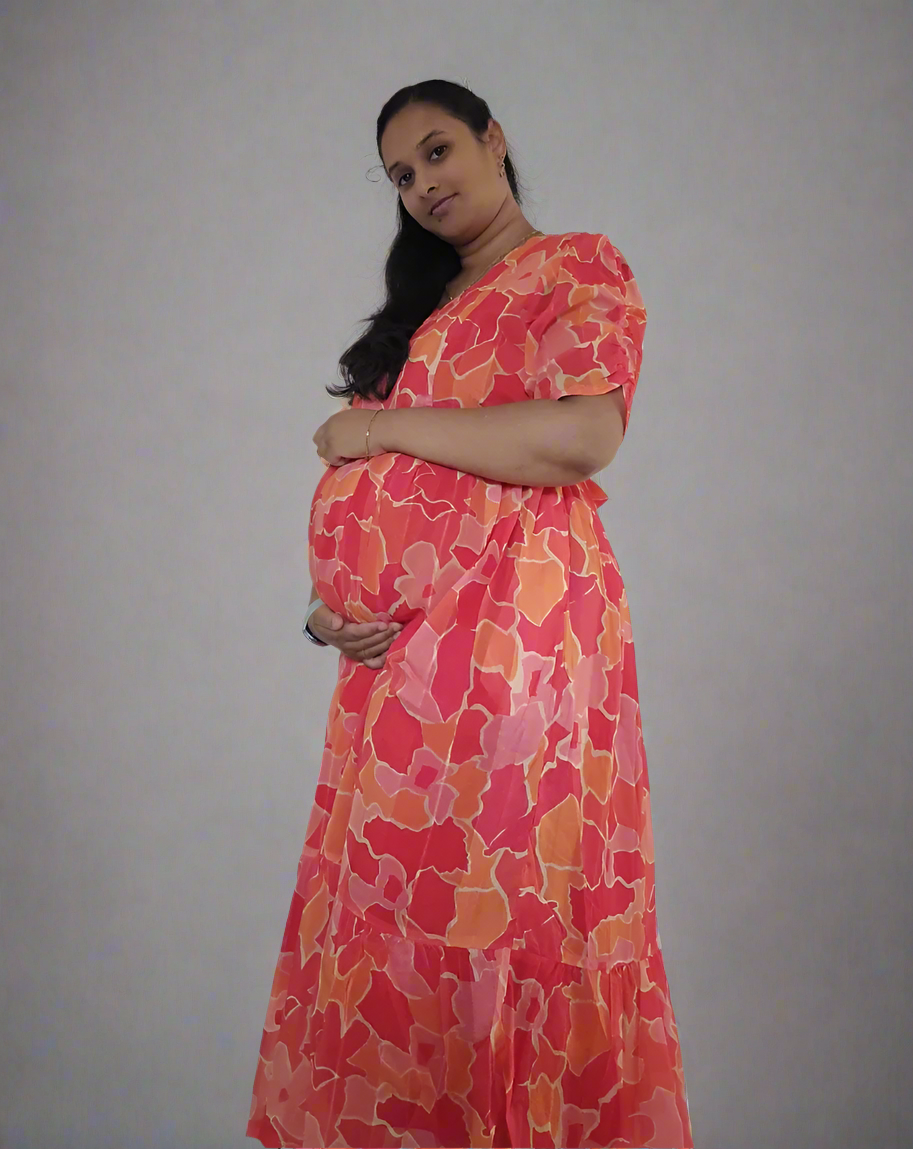 Red and Orange Flower Maxi Dress