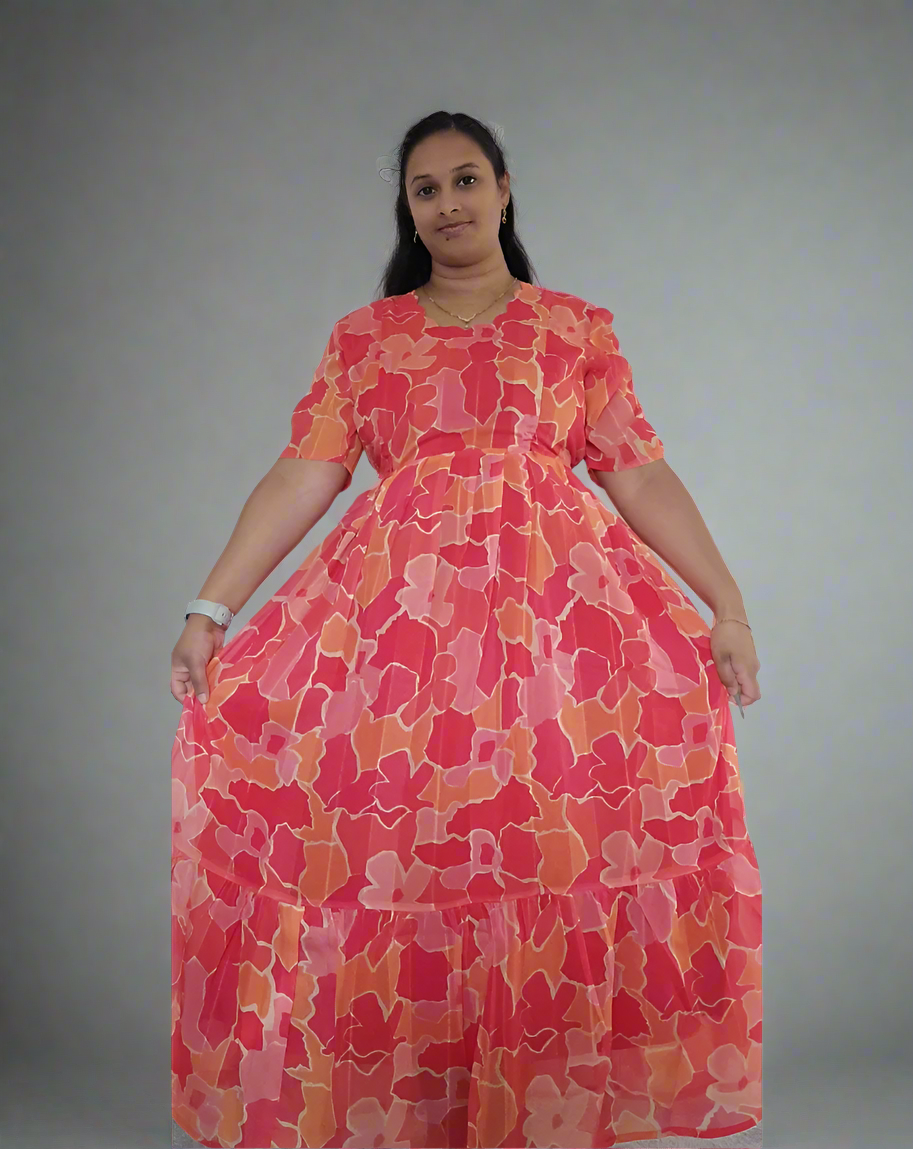 Red and Orange Flower Maxi Dress