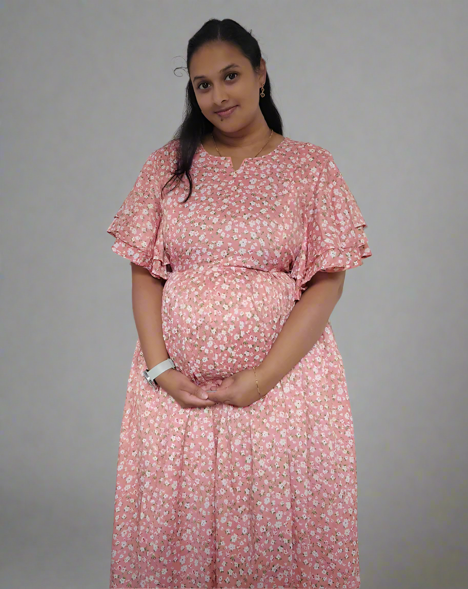 Peach with Small Flower Print Midi Dress