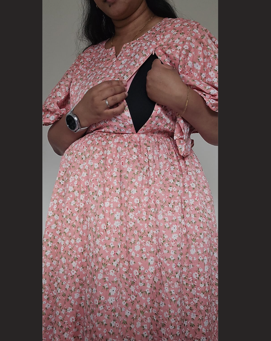 Peach with Small Flower Print Midi Dress