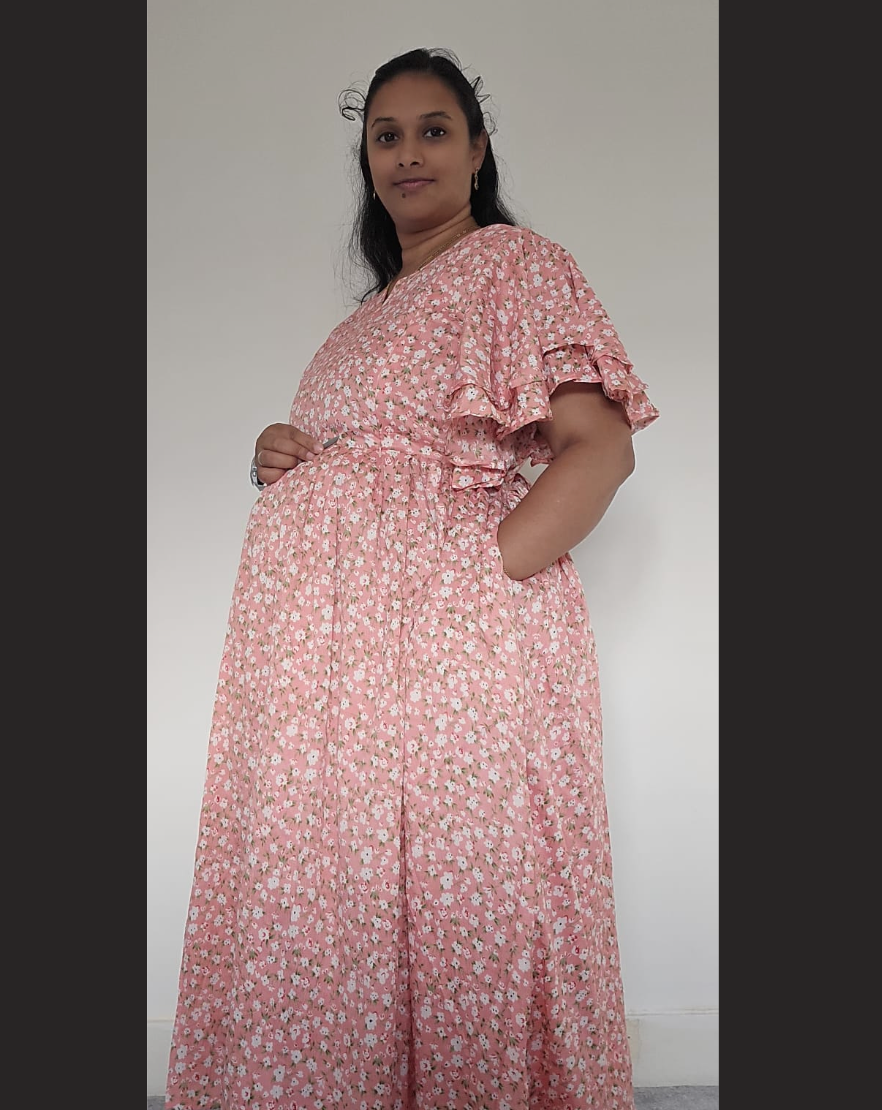 Peach with Small Flower Print Midi Dress