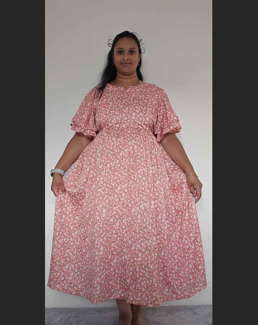 Peach with Small Flower Print Midi Dress