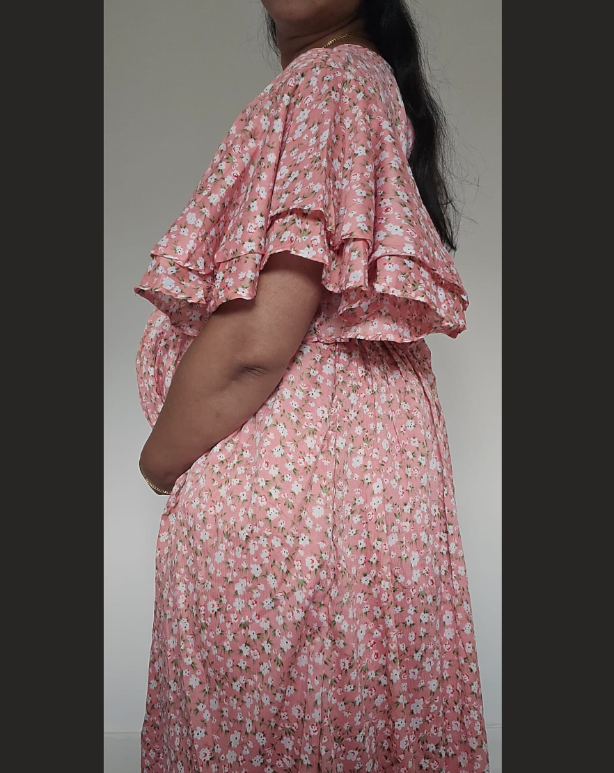 Peach with Small Flower Print Midi Dress