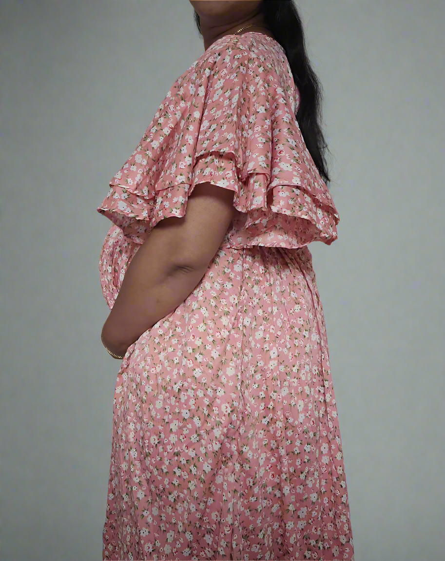 Small Flower Print Nursing Dress - Pink