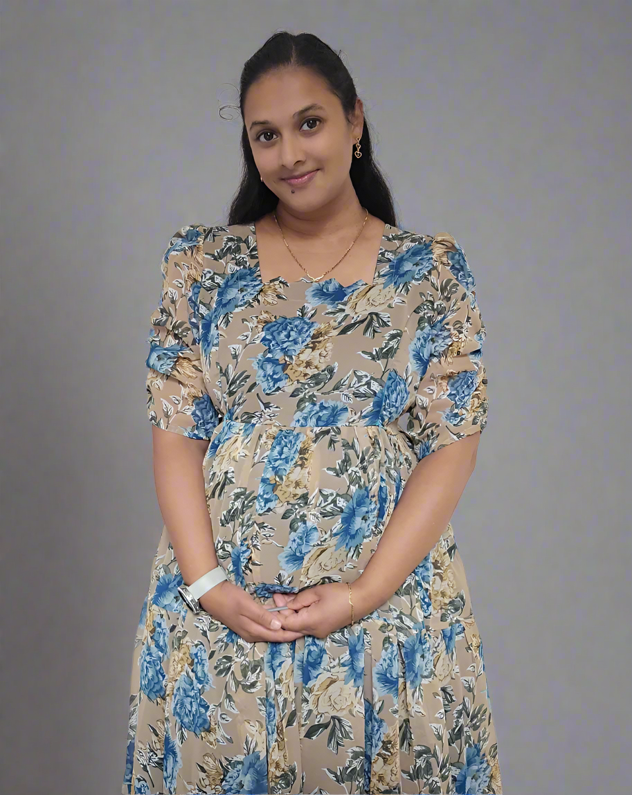 Beige with Blue & Gold Roses Maxi Dress