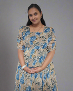 Beige with Blue & Gold Roses Maxi Dress