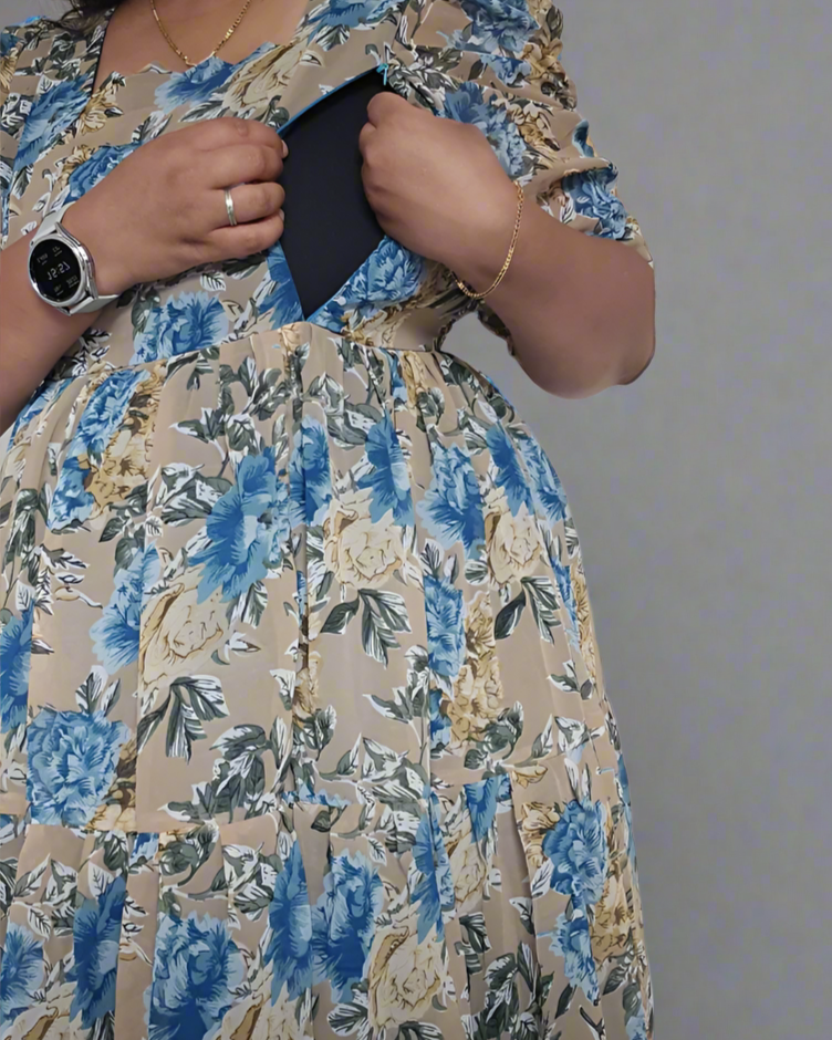 Beige with Blue & Gold Roses Maxi Dress