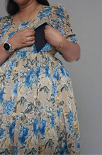 Beige with Blue & Gold Roses Maxi Dress