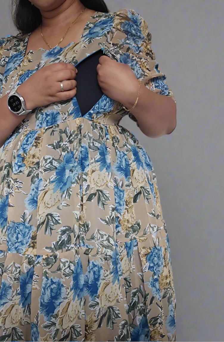 Beige with Blue & Gold Roses Maxi Dress