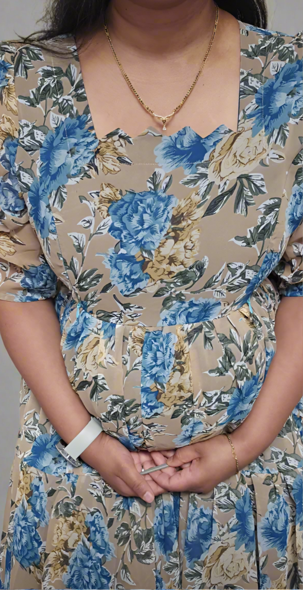 Beige with Blue & Gold Roses Maxi Dress