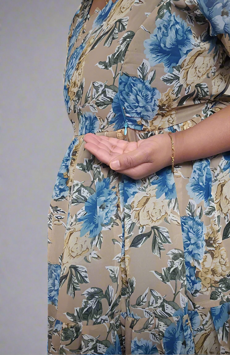 Beige with Blue & Gold Roses Maxi Dress