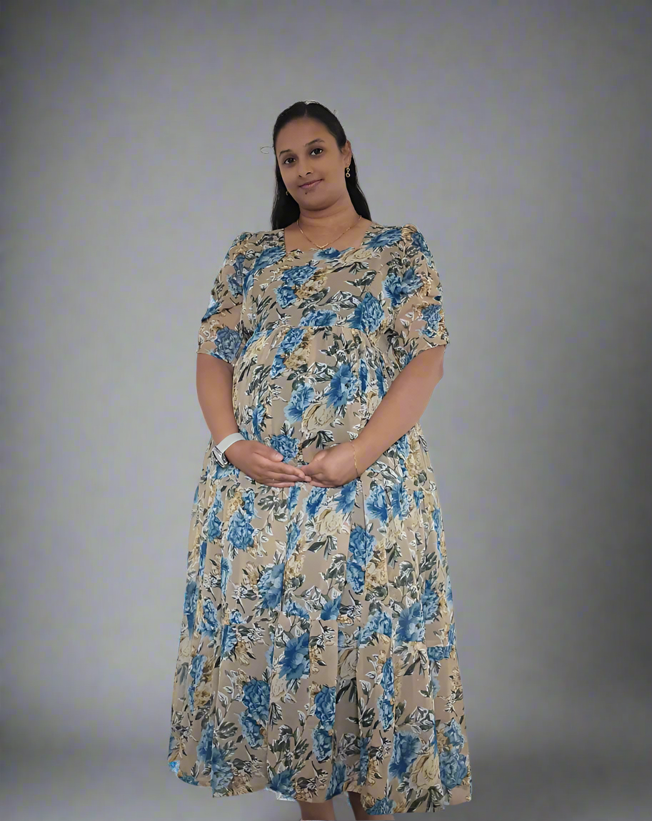 Beige with Blue & Gold Roses Maxi Dress