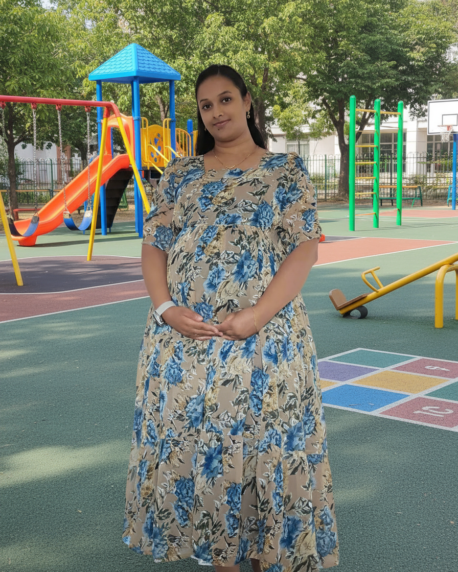 Beige with Blue & Gold Roses Maxi Dress