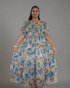 Beige with Blue & Gold Roses Maxi Dress