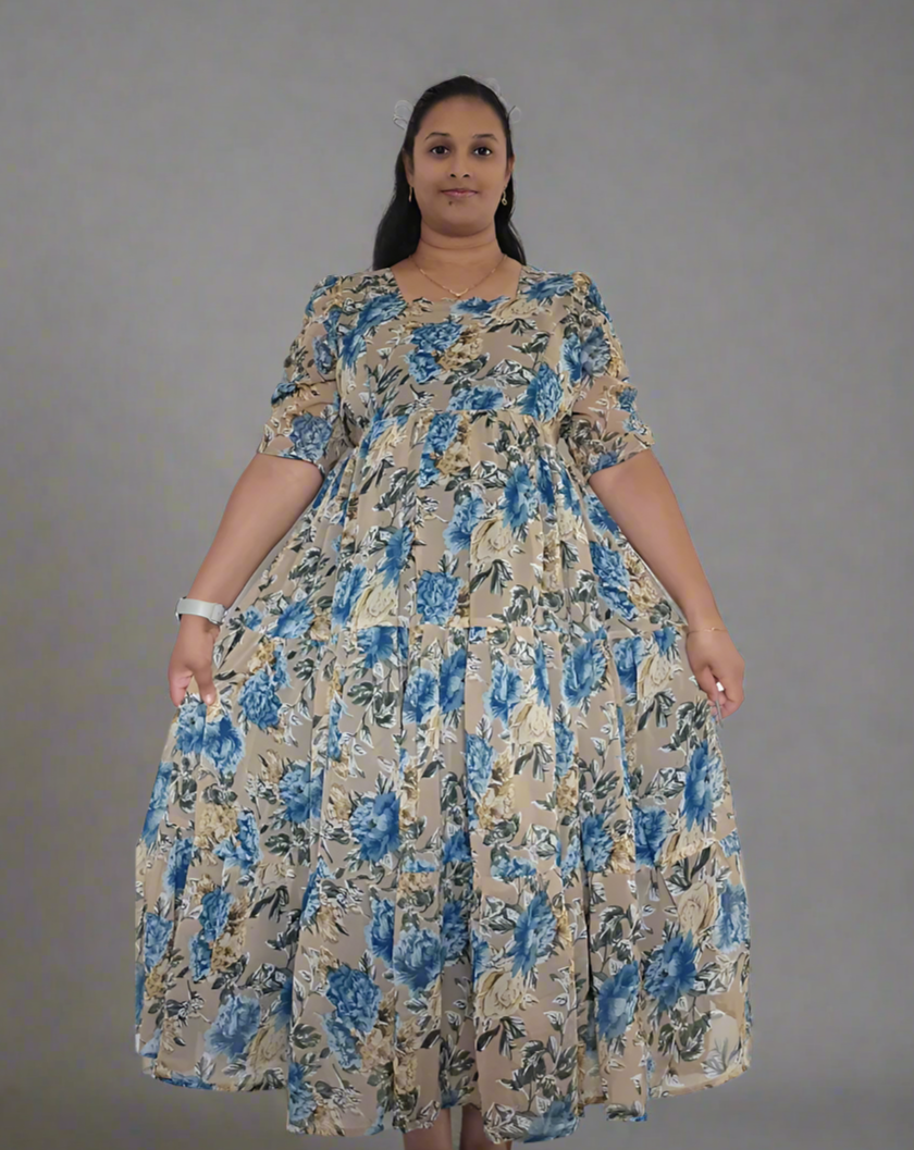 Beige with Blue & Gold Roses Maxi Dress