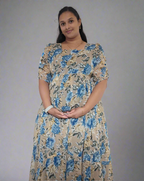 Beige with Blue & Gold Roses Maxi Dress