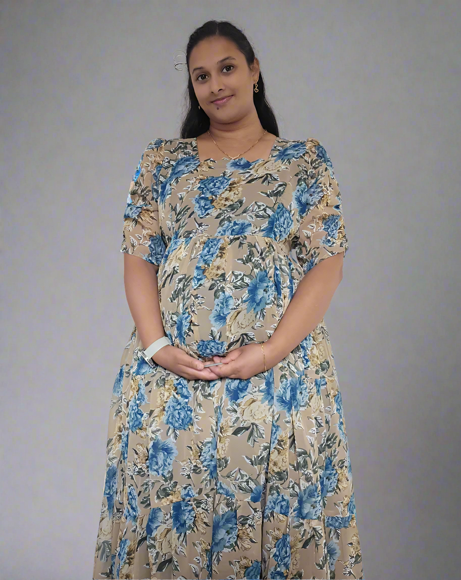 Beige with Blue & Gold Roses Maxi Dress