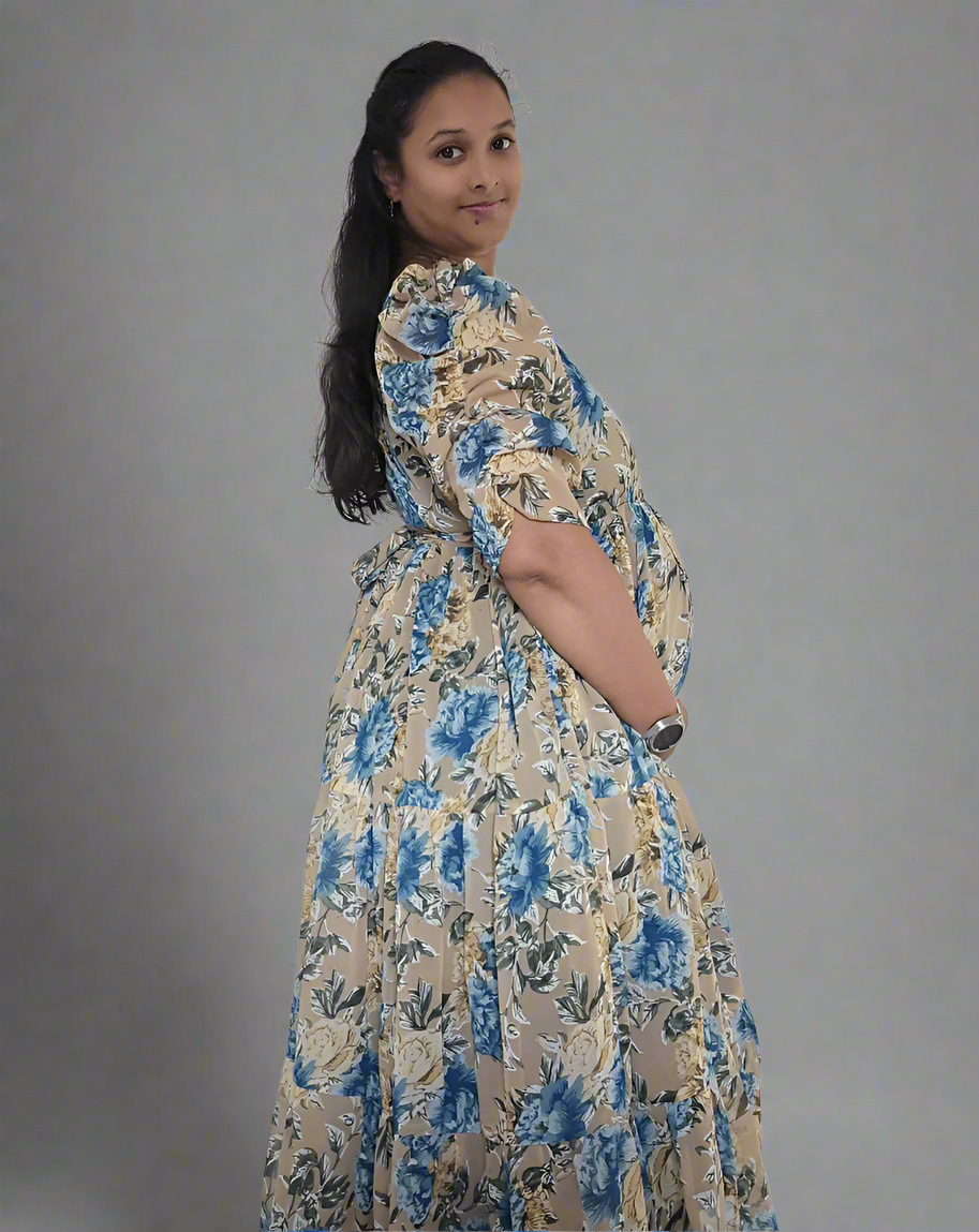 Beige with Blue & Gold Roses Maxi Dress