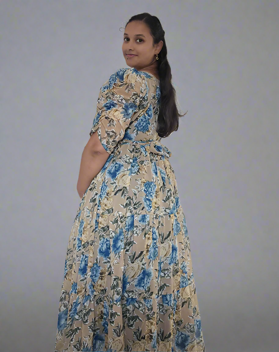 Beige with Blue & Gold Roses Maxi Dress