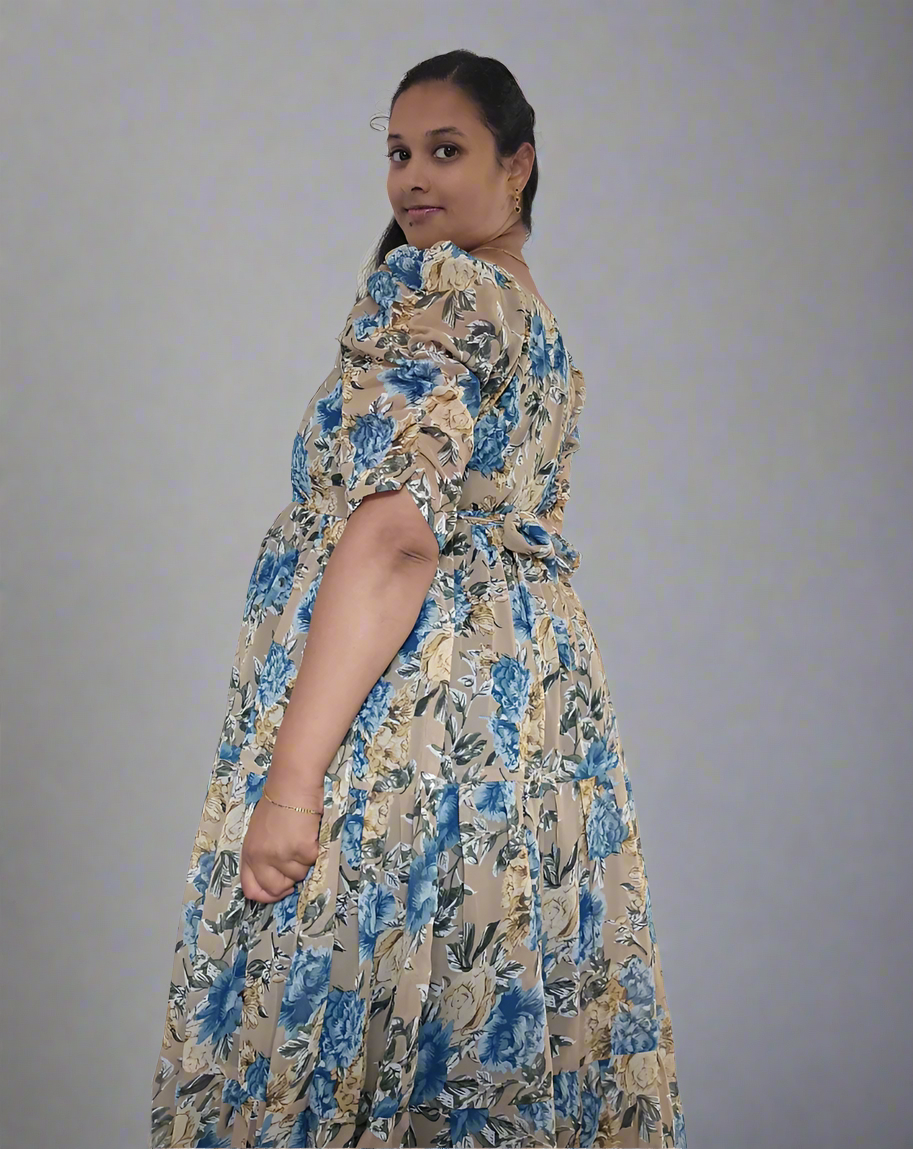 Beige with Blue & Gold Roses Maxi Dress