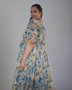 Beige with Blue & Gold Roses Maxi Dress