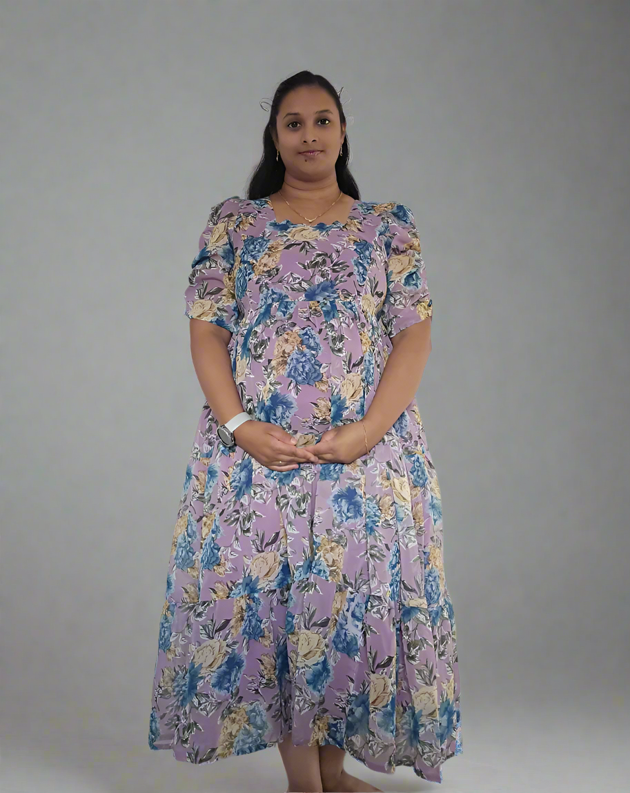 Purple with Blue & Gold Roses Maxi Dress