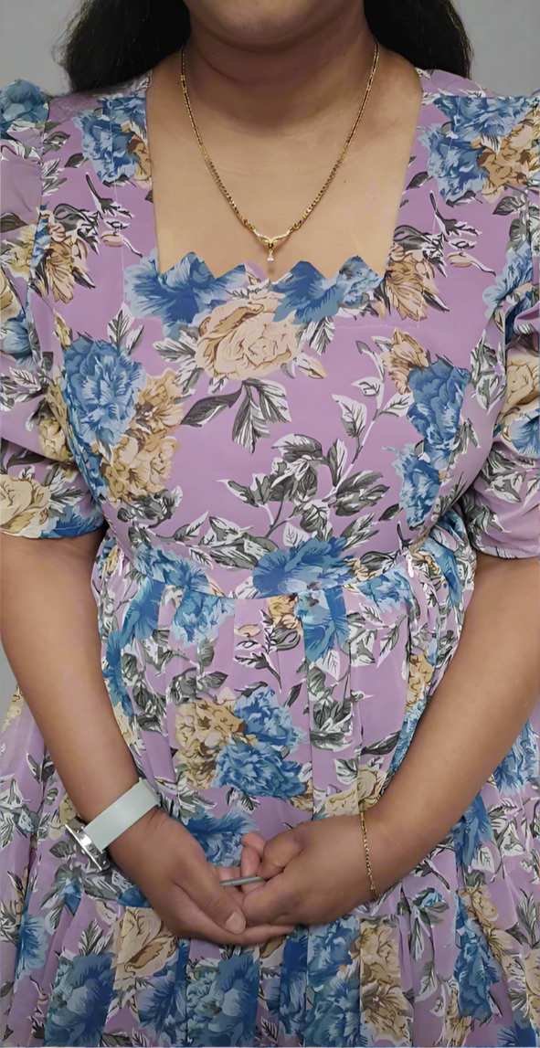 Purple with Blue & Gold Roses Maxi Dress