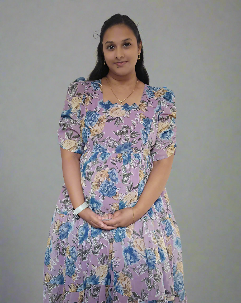 Purple with Blue & Gold Roses Maxi Dress