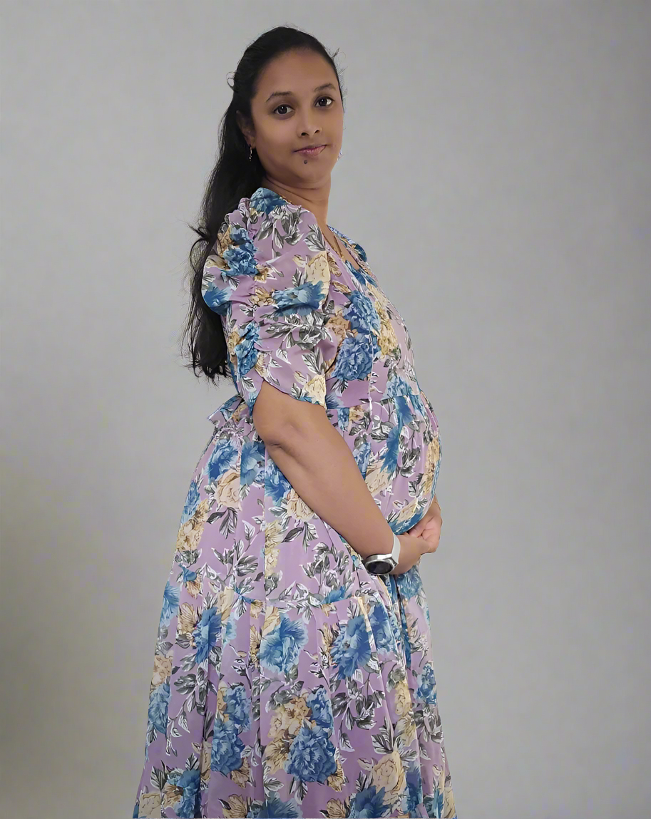 Purple with Blue & Gold Roses Maxi Dress