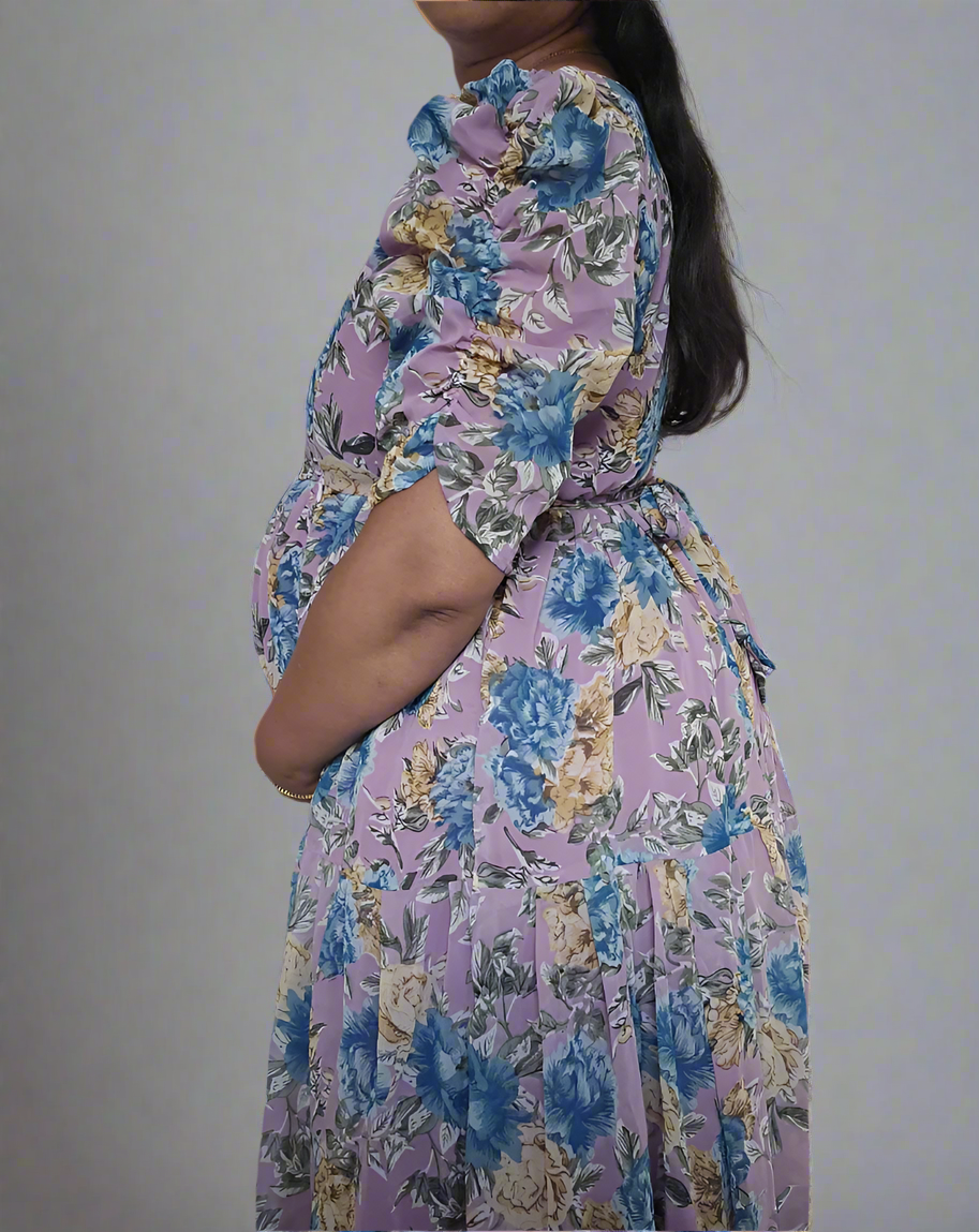 Purple with Blue & Gold Roses Maxi Dress