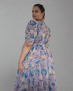 Purple with Blue & Gold Roses Maxi Dress