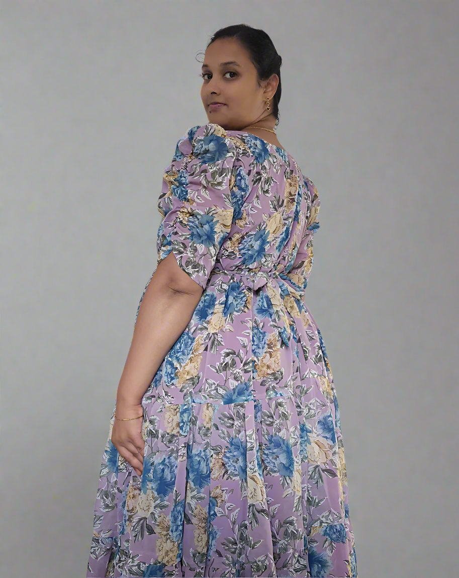 Purple with Blue & Gold Roses Maxi Dress