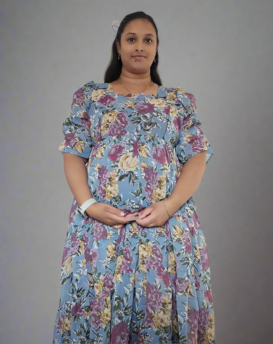 Sky Blue with Purple & Gold Roses Maxi Dress