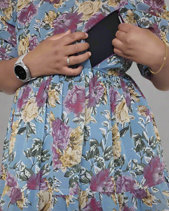 Sky Blue with Purple & Gold Roses Maxi Dress