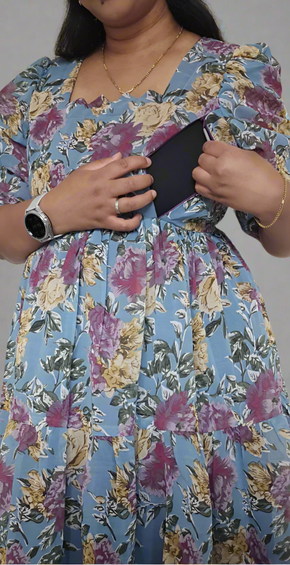 Sky Blue with Purple & Gold Roses Maxi Dress