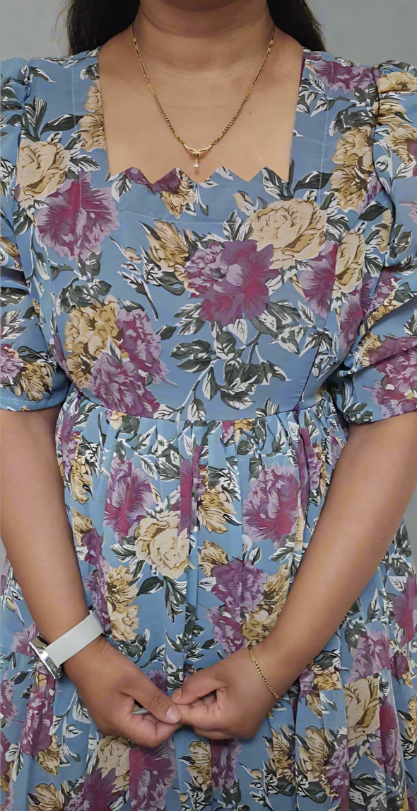 Sky Blue with Purple & Gold Roses Maxi Dress