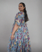 Sky Blue with Purple & Gold Roses Maxi Dress
