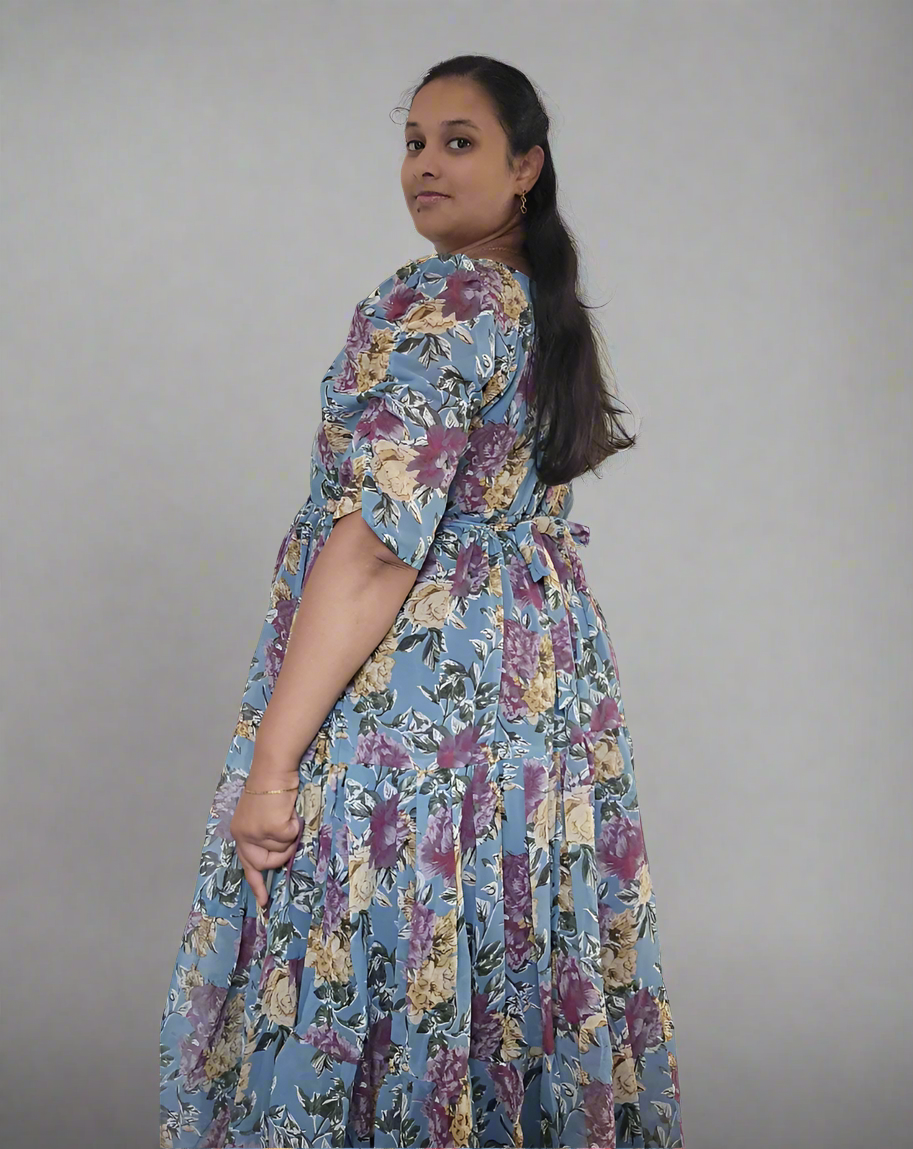Sky Blue with Purple & Gold Roses Maxi Dress