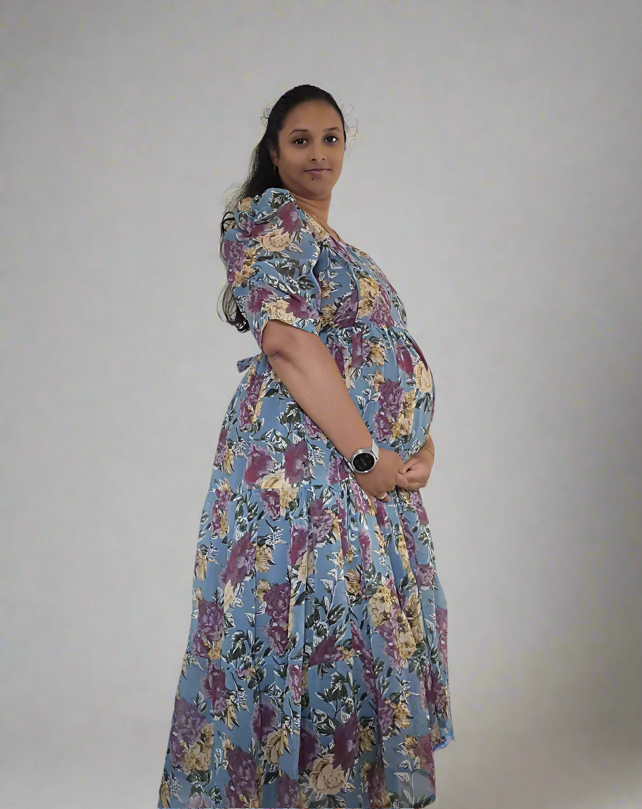 Sky Blue with Purple & Gold Roses Maxi Dress