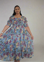 Sky Blue with Purple & Gold Roses Maxi Dress