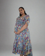 Sky Blue with Purple & Gold Roses Maxi Dress